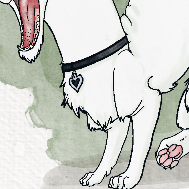 A drawing of a mutated white cat with exaggerated proportions.