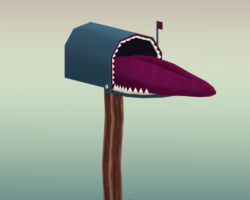 Blender, 2023 Stylized 3D-render of a mailbox with teeth and a large tongue.