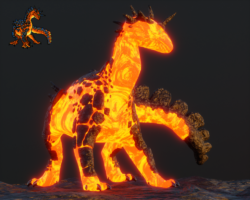 Blender, 2023 3D render of a dragon made of magma.