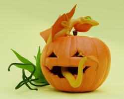Blender, 2023 3D render of a small dragon in a carved pumpkin.